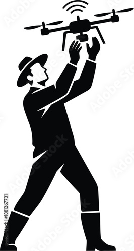 Flat vector silhouette of a professional farmer actively launching an agricultural drone from both hands for precision field monitoring crop spraying and digital smart farming technology survey