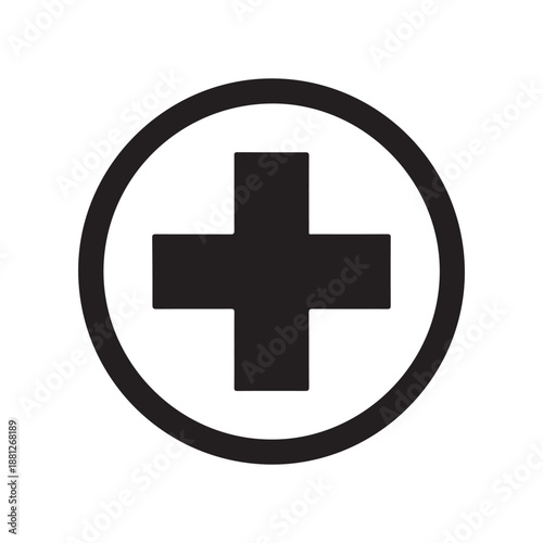 First aid kit icon with white cross symbol on black medical bag illustration
