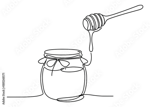 Continuous line art illustration of a honey jar and dipper depicting honey dripping for natural food concepts