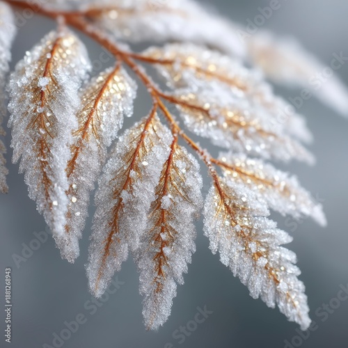 Frosted Leaves with Glimmering Ice Crystals on Branch in Nature