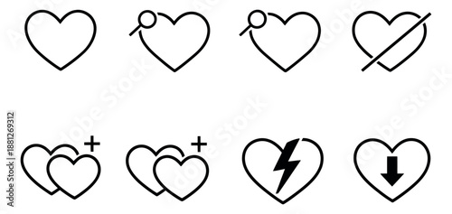 Line art heart icons set featuring various symbols like search, no, plus, lightning, and download arrows for social media and dating applications