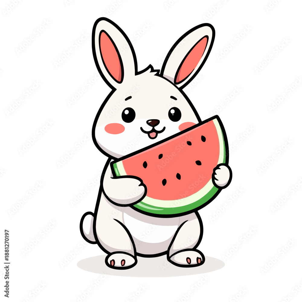 Obraz premium Cartoon white rabbit holding watermelon slice