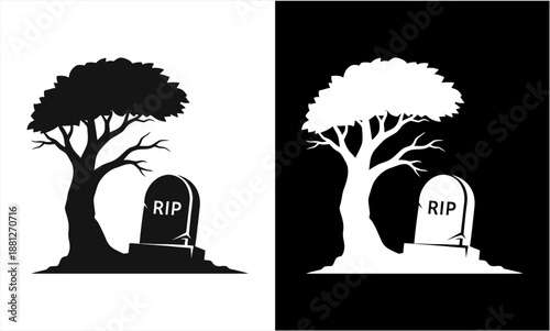Silhouette of a tree and a tombstone with RIP inscription.