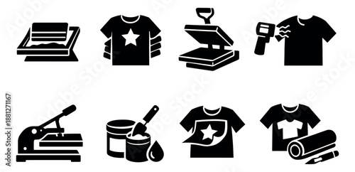 Glyph t-shirt printing icon set featuring screen printing equipment and garment decoration processes for apparel design businesses