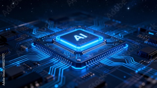 AI chip on circuit board with glowing lines