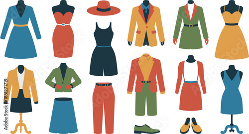 Stylized Outfits Dresses, Jackets, Skirts, Pants, and Shoes in a Colorful Fashion Illustration