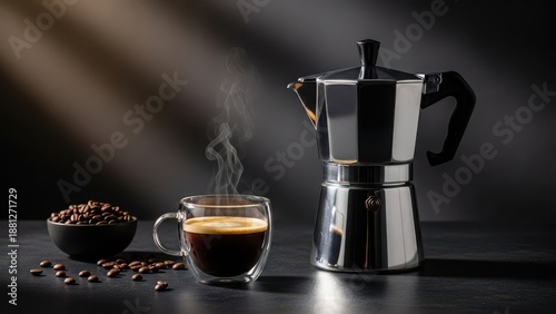 Steaming cup of coffee with espresso maker and beans on dark surface