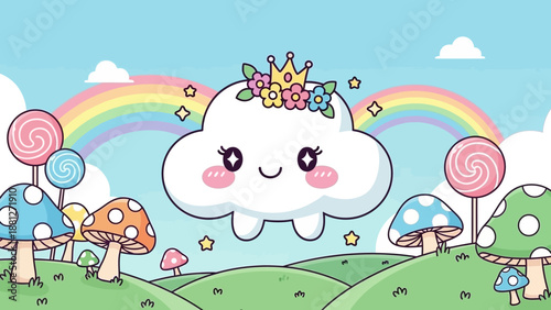 Kawaii Cloud Princess with Rainbow and Candy Land Scenery