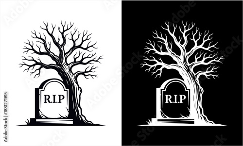 Spooky Halloween graveyard scene with old tree and tombstone.