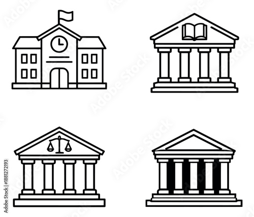 Line art building icons set featuring a school, library, and courthouse for educational, legal, and governmental themes