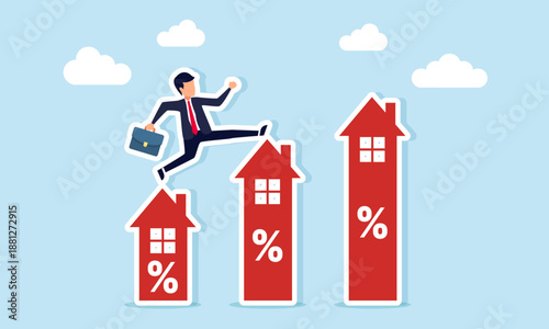 Businessman jumping on a house shaped chart with percent sign illustration of inflation or rising property prices