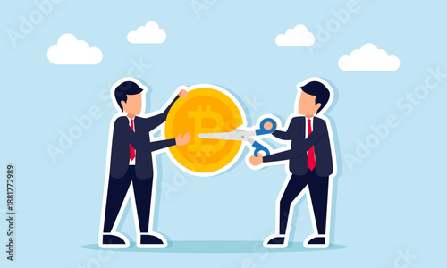 Businessman using scissors to cut bitcoin held by another businessman illustration of releasing bitcoin asset ownership due to damaged price