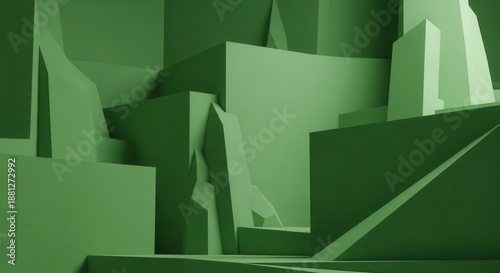 Monochromatic composition features complex arrangement of geometric shapes in shades of green