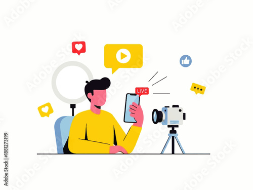 Vector flat design illustration of a man sitting with a smartphone and camera on a tripod, surrounded by social media icons in a lively and creative workspace.