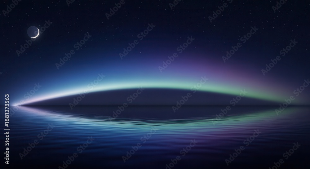 Fototapeta premium Celestial phenomenon illuminates dark water surface under a crescent moon.