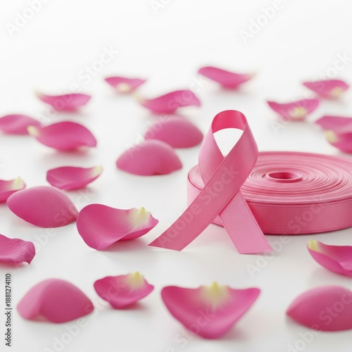 Pink Ribbon for Breast Cancer Awareness with Rose Petals on White
