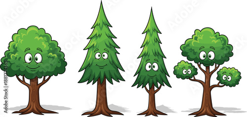 Collection of cute smiling cartoon tree characters including oak and pine with happy faces isolated on white background for nature education and environmental conservation