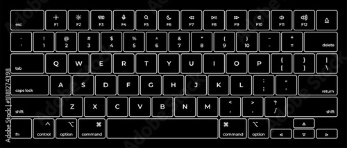 Vector illustration of modern computer laptop keyboard layout white outline on black background concept for typing coding and office work design