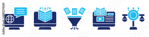 digital service icon set collection, for education concept with icons online service, digital literacy, filtering data, digital learning, digital ethics. simple vector glyph duotone illustration
