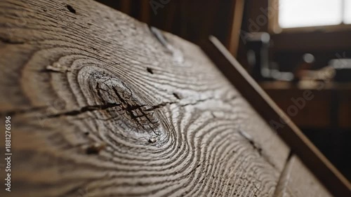 Close-up view of weathered wooden board with knot and cracks showing the texture and grain