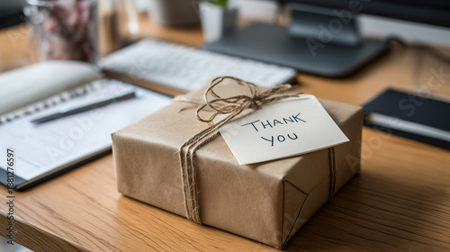 Gift box with thank you note on office desk with laptop and notebooks