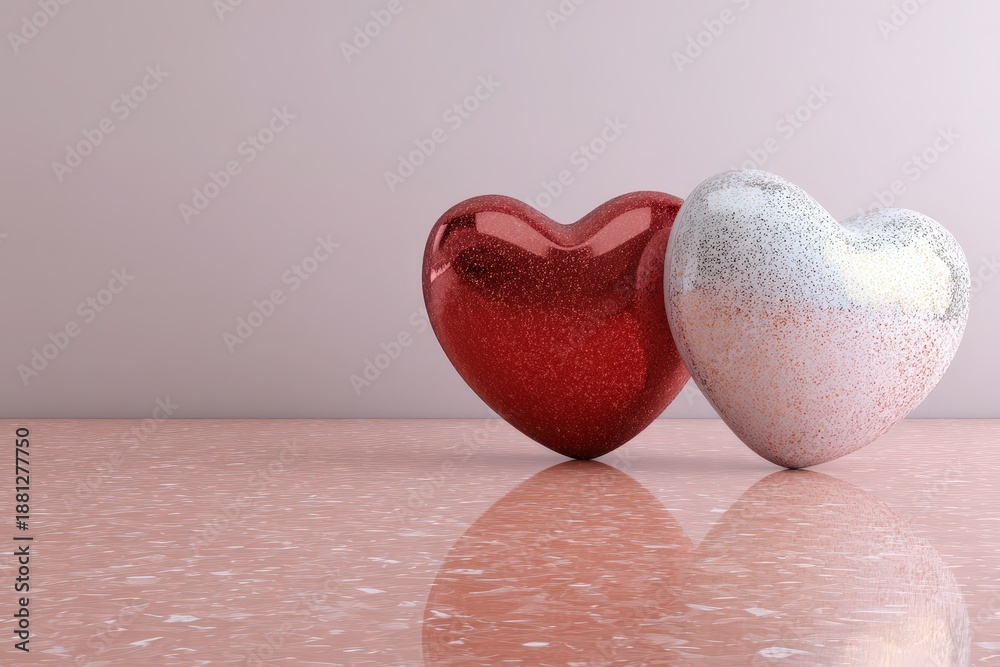 Fototapeta premium Two decorative hearts, one sparkling red and one textured white, rest upon a reflective surface