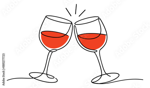 Hand drawn continuous line art illustration of two wine glasses depicting clinking for festive occasions
