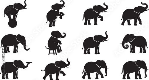 A diverse collection of elegant elephant silhouette vectors showcasing various postures and activities, perfect for graphic design projects, educational materials, or wildlife-themed branding