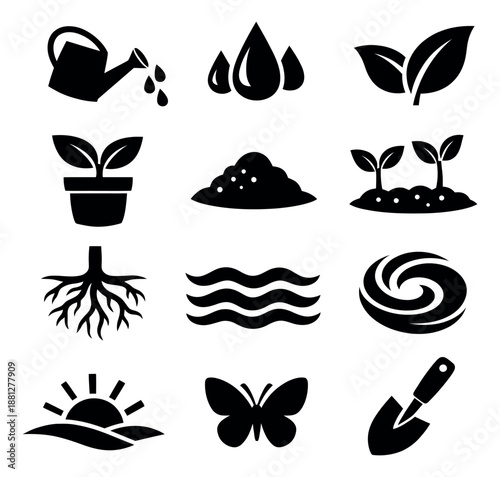 Simple glyph nature set featuring gardening tools, plants, and environmental elements for cultivation