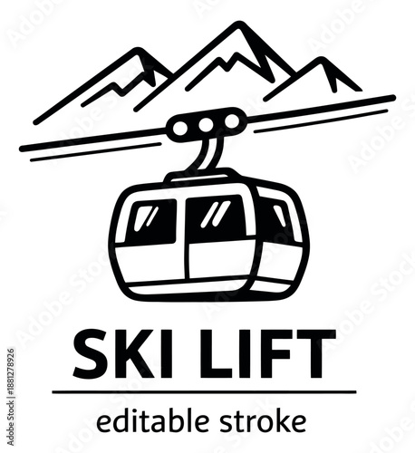 Hand drawn line art illustration of a ski lift gondola depicting travel over mountains for winter sports and recreation
