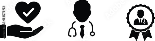 Healthcare trust and medical professional icon set with heart care doctor profile and certification badge isolated on white background vector illustration