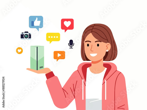 Vector flat design illustration of a cheerful young woman presenting a smartphone with social media icons floating above, conveying a lively and connected mood against a clean white