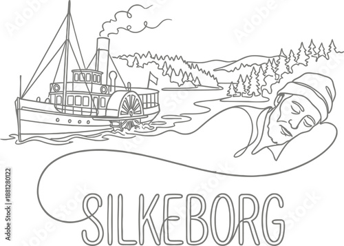Silkeborg paddle steamer and sleeping man vector line illustration