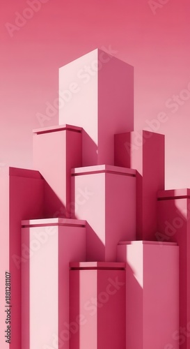 Geometric arrangement of pink rectangular prisms creates abstract vertical composition