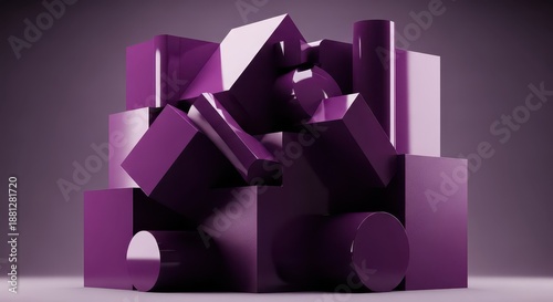 Stacked arrangement of polished geometric solids presents a bold, monochromatic design