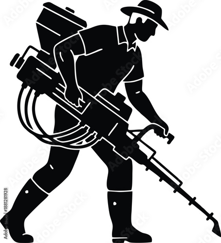 Flat vector silhouette of a farmer carrying and actively operating a precision fertilizer applicator or pesticide sprayer machine for smart agriculture field management and crop protection