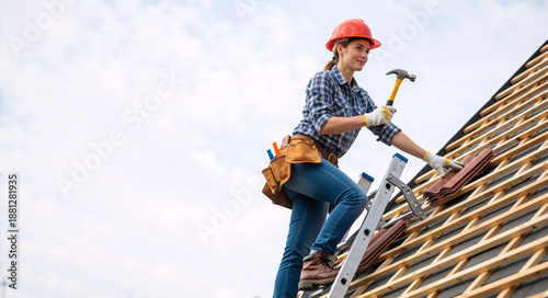 Female roofer installing tiles on a house roof with a hammer. Professional woman construction worker in a hard hat on a ladder. Home renovation and roofing concept. Copy space for text