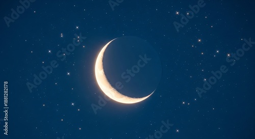 Glowing Crescent Moon in Night Sky with Scattered Stars