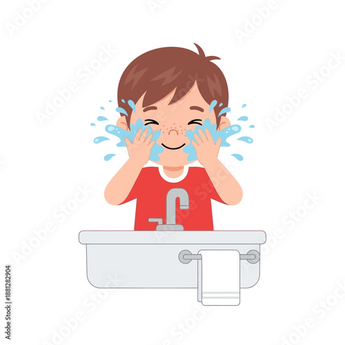 Happy Boy Washing Face at Sink with Water Splashing