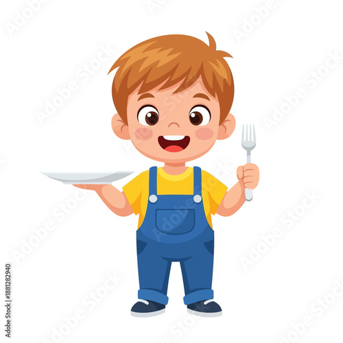 Happy Cartoon Boy Holding Plate and Fork, Ready to Eat