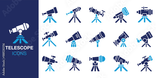 Telescope Icon set. Containing nebula, planet, moon, cosmos, universe, lens and more. Solid vector icons collection. Vector illustration.