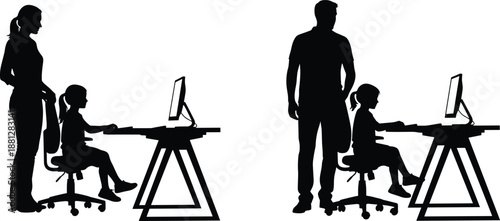 Black Silhouette of Parents Standing Behind Child Using Desktop Computer at Desk, Concept of Online Safety, Parental Supervision, Digital Education, and Homeschooling Guidance for Children.