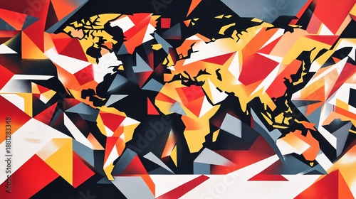Abstract Geometric World Map Illustration Featuring Bright Red, Yellow, and Black Colors in a Modern Artistic Style for Creative Design Projects