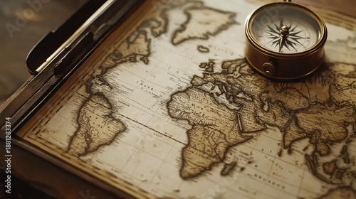 Vintage World Map with Compass on Rustic Wooden Surface, Symbolizing Exploration, Discovery, Adventure, and Global Travel for Educational Use and Creative Projects