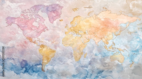 Beautifully Hand-painted Watercolor Map of the World with Soft Colors Blending into Each Other, Ideal for Travel and Education Themes in Graphic Design Projects