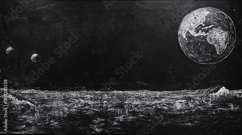 A Captivating Hand-Drawn Illustration of a Lunar Landscape Featuring Earth and Two Celestial Bodies against a Dark Cosmic Background