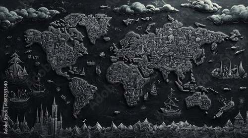 Intricate Engraved World Map Design Featuring Maritime Scenes, Landmarks, and Artistic Illustrations in Deep Contrast of Black and White Tones