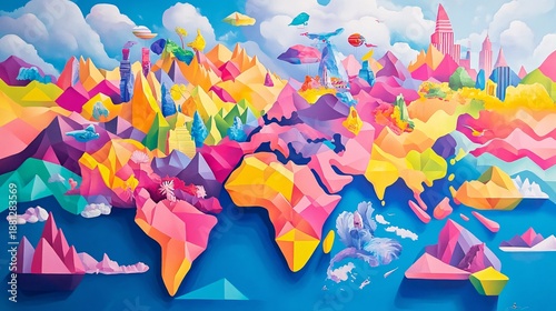 Colorful Geometric World Map Illustration Featuring Mountains, Clouds, and Whimsical Elements in a Vibrant Palette of Pink, Yellow, and Blue