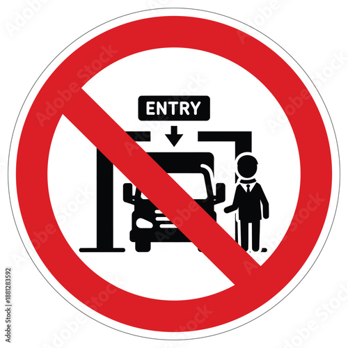 International prohibition sign indicating no truck entry past a guarded checkpoint with an official present