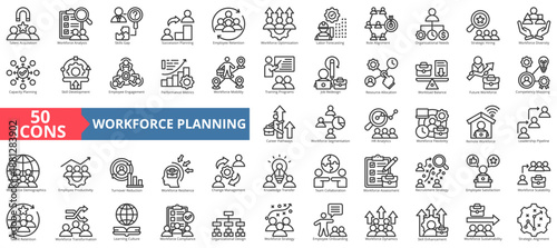 workforce planning icon set outline style illustration. containing talent acquisition, analysis, skills gap, succession planning, employee retention, optimization, labor forecasting, strategic hiring